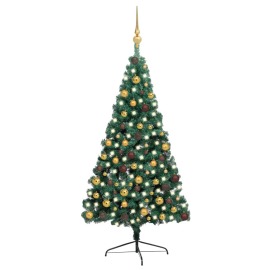 vidaXL Umelý vianočný pol stromček s LED a guľami zelený 210cm
