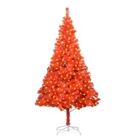 vidaXL Umelý vianočný stromček s LED a podstavcom červený 210cm PVC