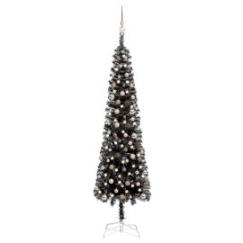 vidaXL Úzky vianočný stromček s LED a sadou gulí čierny 240cm