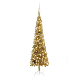 vidaXL Úzky vianočný stromček s LED a sadou gulí zlatý 120cm
