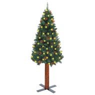 vidaXL Úzky vianočný stromček s LED, drevom a šiškami zelený 150cm - cena, srovnání
