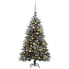 vidaXL Zasnežený umelý vianočný stromček s LED a súpravou gulí 150cm PVC a PE