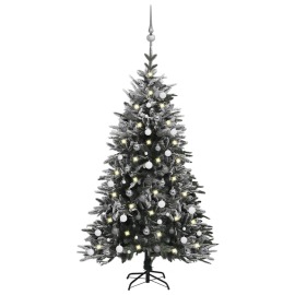 vidaXL Zasnežený umelý vianočný stromček s LED a súpravou gulí 180cm PVC a PE
