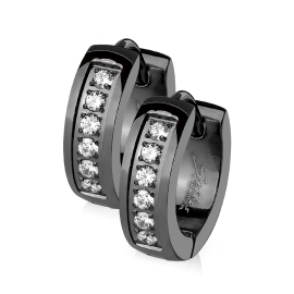 Šperky4u Černé ocelové náušnice - kroužky se zirkony