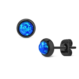 Šperky4u Černé ocelové náušnice s modrými opály
