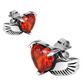 Šperky4u Ocelové náušnice červená srdíčka s křídlem