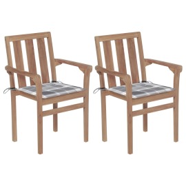 vidaXL Záhradné stoličky 2 ks sivé kockové podložky teakový masív