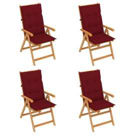 vidaXL Záhradné stoličky 4 ks s vínovočervenými podložkami tíkový masív