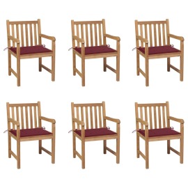 vidaXL Záhradné stoličky 6 ks s vínovočervenými podložkami tíkový masív