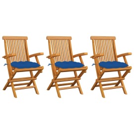 vidaXL Záhradné stoličky s modrými podložkami 3 ks tíkový masív