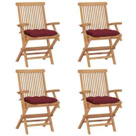 vidaXL Záhradné stoličky s vínovo-červenými podložkami 4 ks tíkový masív
