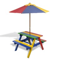 vidaXL Detský piknikový stôl + lavičky a slnečník, rôznofarebný, drevo - cena, srovnání