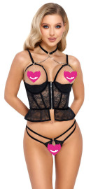 Abierta Fina Lace with Velvet Longline Bra & Crotchless Panties Set