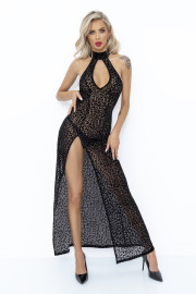 Noir Handmade F288 Long Leopard Flock Dress with Front Slit