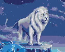 Zuty Biely lev s jasnou modrou oblohou, 80x100cm plátno napnuté na rám
