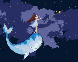 Zuty Dievča s veľrybou na nočnej oblohe, 80x100cm plátno napnuté na rám
