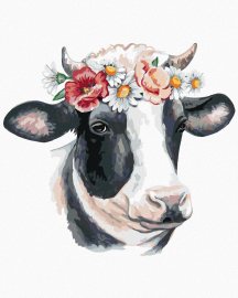 Zuty Krava s kvetinovou čelenkou, 80x100cm plátno napnuté na rám