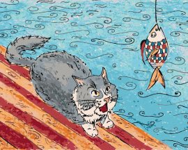 Zuty Mačka chytá rybu, 80x100cm plátno napnuté na rám