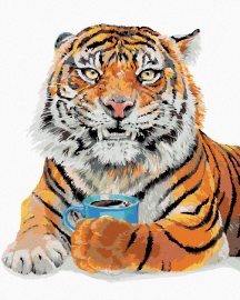 Zuty Maľovanie podľa čísel Tiger s kávou (Holly Simental), 80x100cm bez rámu a bez napnutia plátna