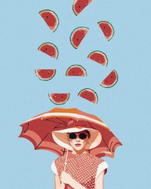 Zuty Maľovanie podľa čísel Žena s dáždnikom a padajúce melóny, 80x100cm bez rámu a bez napnutia plátna