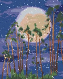 Zuty Mesiac za stromami v lese, 80x100cm plátno napnuté na rám