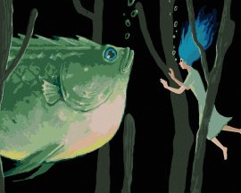 Zuty Obria zelená ryba so ženou, 80x100cm plátno napnuté na rám