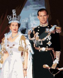 Zuty Kráľovná Alžbeta II. a princ Filip po korunovácii, 40x50cm napnuté plátno na rám