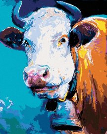 Zuty Krava na modrom pozadí, 40x50cm napnuté plátno na rám  