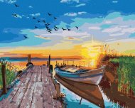 Zuty Západ slnka nad jazerom s loďkou, 80x100cm plátno napnuté na rám - cena, srovnání