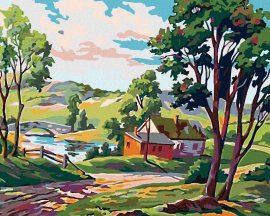 Zuty Maľovanie podľa čísel - Vidiecka stavba pri rybníku, 50 x 40 cm, napnuté plátno na ráme